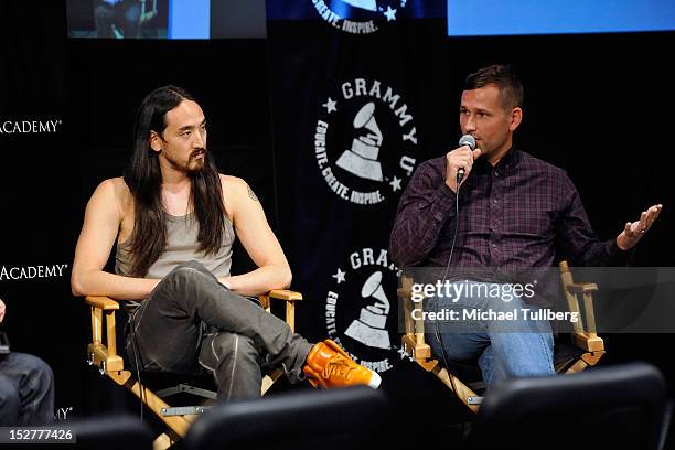 Producers Steve Aoki and Kaskade are interviewed at an "Up Close & Personal with Steve Aoki and Kaskade" Q&A session for GRAMMY U Los Angeles at Los...