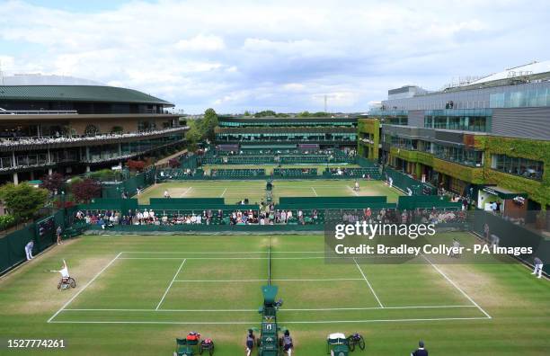 Alfie Hewett in action against Joachim Gerard during the Gentlemen's Quad Wheelchair Singles quarter final match on day ten of the 2023 Wimbledon...