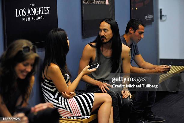 Producer Steve Aoki is interviewed at an "Up Close & Personal with Steve Aoki and Kaskade" Q&A session for GRAMMY U Los Angeles at Los Angeles Film...