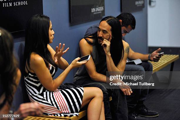 Producer Steve Aoki is interviewed at an "Up Close & Personal with Steve Aoki and Kaskade" Q&A session for GRAMMY U Los Angeles at Los Angeles Film...