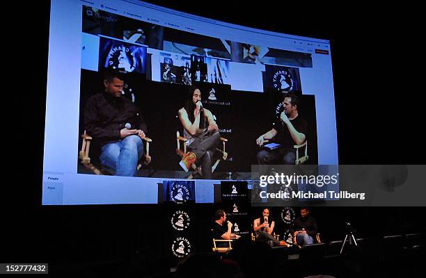 Producers Steve Aoki and Kaskade are interviewed at an "Up Close & Personal with Steve Aoki and Kaskade" Q&A session for GRAMMY U Los Angeles at Los...