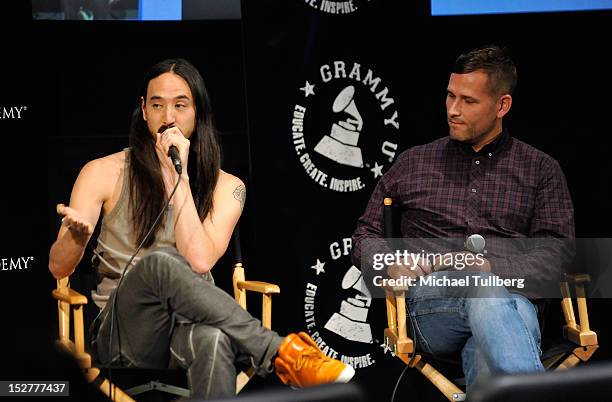 Producers Steve Aoki and Kaskade are interviewed at an "Up Close & Personal with Steve Aoki and Kaskade" Q&A session for GRAMMY U Los Angeles at Los...