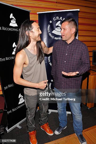 Producers Steve Aoki and Kaskade arrive at an "Up Close & Personal with Steve Aoki and Kaskade" Q&A session for GRAMMY U Los Angeles at Los Angeles...