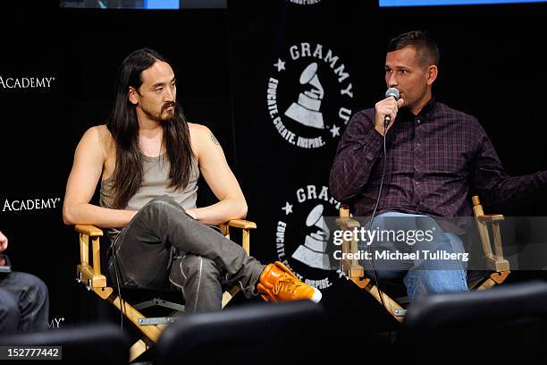 Producers Steve Aoki and Kaskade are interviewed at an "Up Close & Personal with Steve Aoki and Kaskade" Q&A session for GRAMMY U Los Angeles at Los...