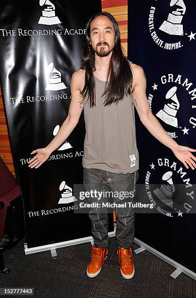 Producer Steve Aoki arrives at an "Up Close & Personal with Steve Aoki and Kaskade" Q&A session for GRAMMY U Los Angeles at Los Angeles Film School...