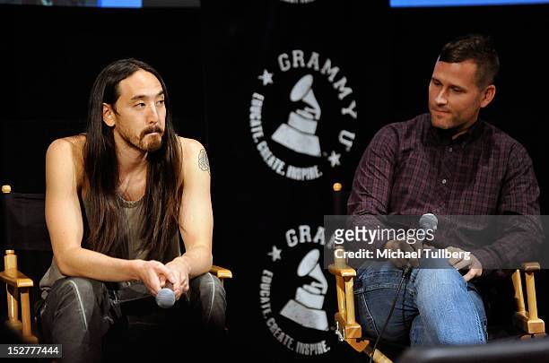 Producers Steve Aoki and Kaskade are interviewed at an "Up Close & Personal with Steve Aoki and Kaskade" Q&A session for GRAMMY U Los Angeles at Los...