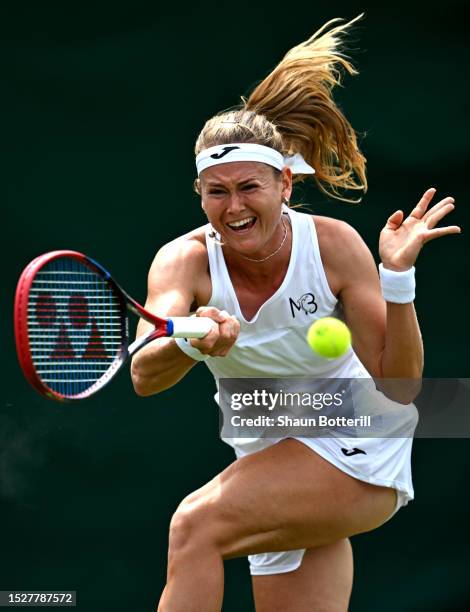 Marketa Vondrousova of Czech Republic plays a forehand against Marie Bouzkova of Czech Republic in the Women's Singles fourth round match during day...