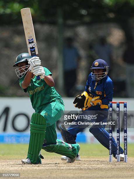 Trisha Chetty of South Africa in action as Dilani Manodara of Sri Lanka watches from the stumps during the ICC Women's World Twenty20 Group B match...