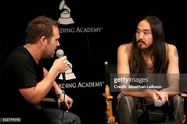 Steve Aoki attends the GRAMMY U Los Angeles Presents Up Close And Personal With Steve Aoki And Kaskade at Los Angeles Film School on September 25,...