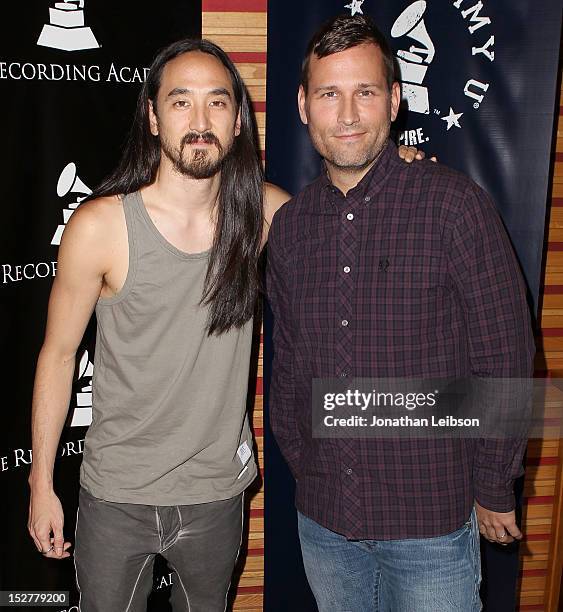 Steve Aoki and Kaskade attend the GRAMMY U Los Angeles Presents Up Close And Personal With Steve Aoki And Kaskade at Los Angeles Film School on...