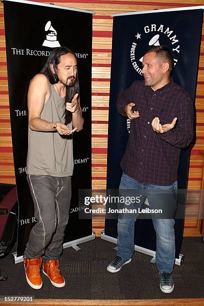 Steve Aoki and Kaskade attend the GRAMMY U Los Angeles Presents Up Close And Personal With Steve Aoki And Kaskade at Los Angeles Film School on...