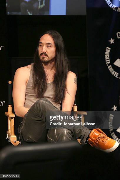 Steve Aoki attends the GRAMMY U Los Angeles Presents Up Close And Personal With Steve Aoki And Kaskade at Los Angeles Film School on September 25,...