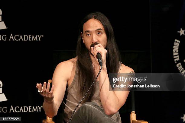 Steve Aoki attends the GRAMMY U Los Angeles Presents Up Close And Personal With Steve Aoki And Kaskade at Los Angeles Film School on September 25,...