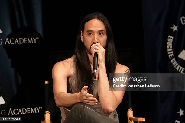 Steve Aoki attends the GRAMMY U Los Angeles Presents Up Close And Personal With Steve Aoki And Kaskade at Los Angeles Film School on September 25,...