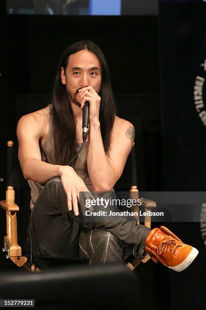 Steve Aoki attends the GRAMMY U Los Angeles Presents Up Close And Personal With Steve Aoki And Kaskade at Los Angeles Film School on September 25,...