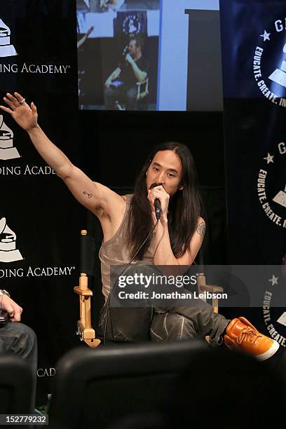 Steve Aoki attends the GRAMMY U Los Angeles Presents Up Close And Personal With Steve Aoki And Kaskade at Los Angeles Film School on September 25,...