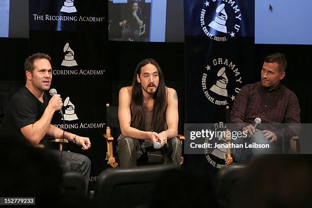 Steve Aoki and Kaskade attend the GRAMMY U Los Angeles Presents Up Close And Personal With Steve Aoki And Kaskade at Los Angeles Film School on...