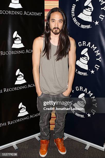 Steve Aoki attends the GRAMMY U Los Angeles Presents Up Close And Personal With Steve Aoki And Kaskade at Los Angeles Film School on September 25,...