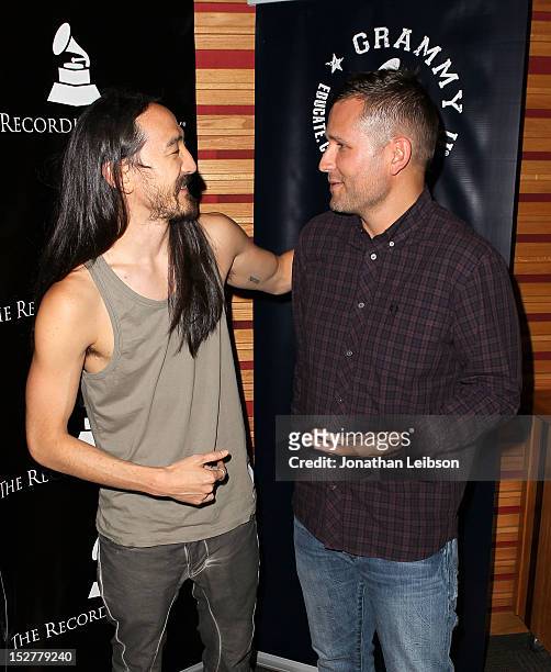 Steve Aoki and Kaskade attend the GRAMMY U Los Angeles Presents Up Close And Personal With Steve Aoki And Kaskade at Los Angeles Film School on...