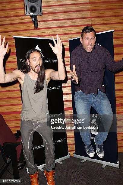 Steve Aoki and Kaskade attend the GRAMMY U Los Angeles Presents Up Close And Personal With Steve Aoki And Kaskade at Los Angeles Film School on...