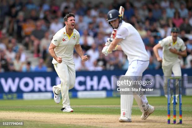 Mitchell Marsh of Australia celebrates dismissing Zak Crawley of England during Day Four of the LV= Insurance Ashes 3rd Test Match between England...