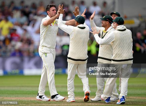 Mitchell Marsh of Australia celebrates with teammates after dismissing Zak Crawley of England during Day Four of the LV= Insurance Ashes 3rd Test...