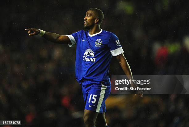 Everton player Sylvian Distin reacts during the Capital One Cup Third Round match between Leeds United and Everton at Elland Road on September 25,...