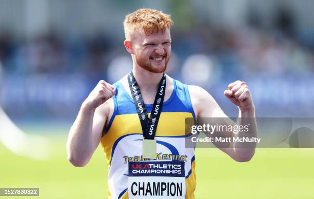 Benjamin East of Kennet celebrates after winning the Men's Javelin Throw during Day Two of the UK Athletics Championships at Manchester Regional...