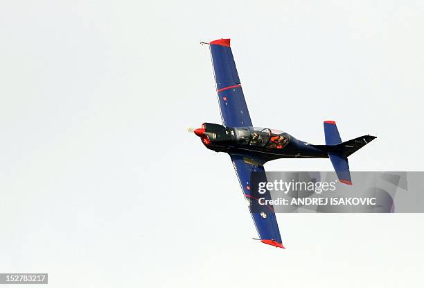 Photo taken on February 13, 2011 during a military exercise in Belgrade shows a Lasta 95, light military trainer aircraft. Two pilots were injured,...