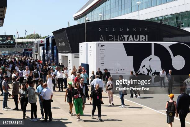 Scuderia AlphaTauri paddock buildings are pictured prior to the F1 Grand Prix of Great Britain at Silverstone Circuit on July 09, 2023 in...