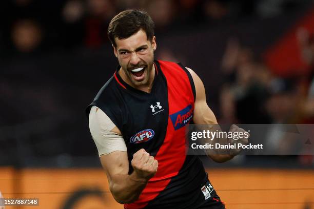 Kyle Langford of the Bombers celebrates kicking a goal during the round 17 AFL match between Essendon Bombers and Adelaide Crows at Marvel Stadium,...