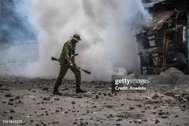 Security force intervenes to the demonstrators, protesting tax increases, with tear gas in Nairobi, Kenya on July 12, 2023.