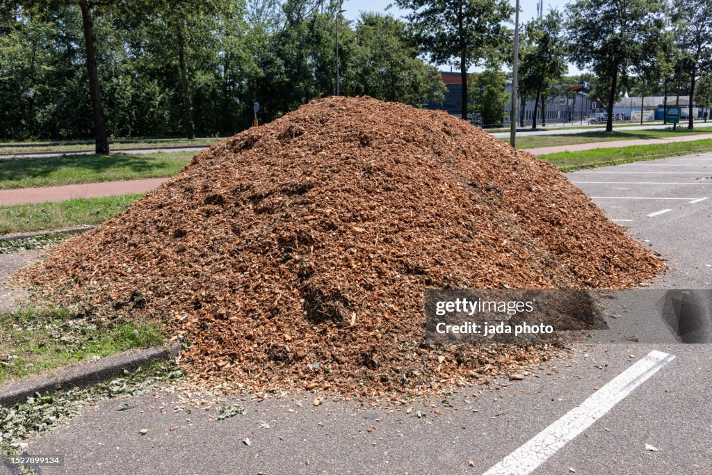 Mountain of wood chips lies in a parking lot