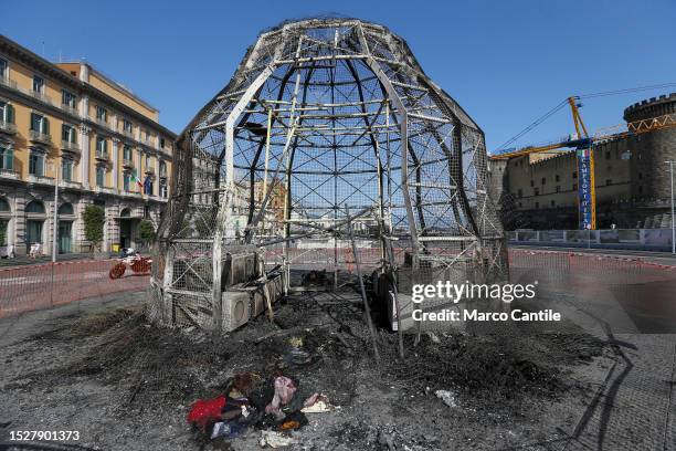 The structure of the giant Venus of the Rags by Michelangelo Pistoletto, completely burnt after unknown people set it on fire at dawn, in Municipio...