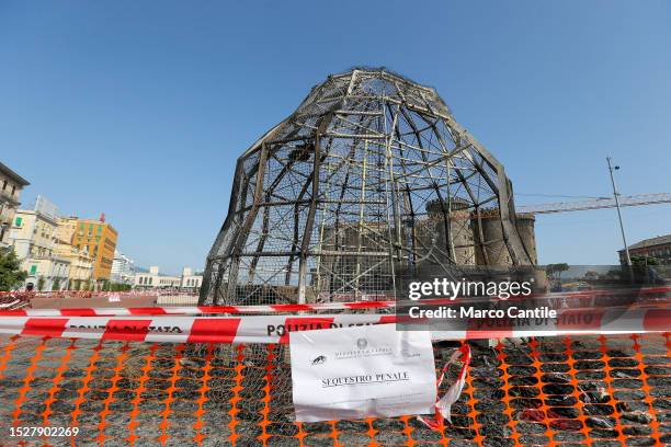 The structure of the giant Venus of the Rags by Michelangelo Pistoletto, completely burnt after unknown people set it on fire at dawn, in Municipio...