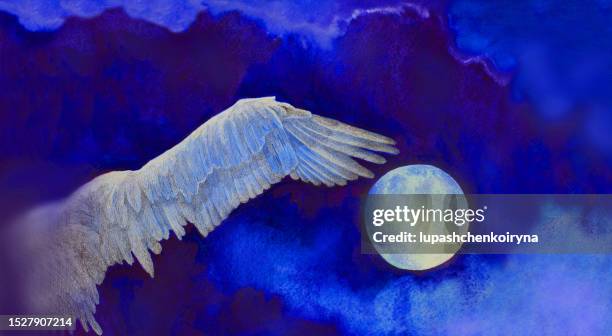 illustration watercolor landscape full moon wing flying bird on the evening sky with clouds - full moon stock illustrations