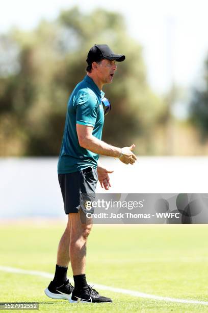 Julen Lopetegui, Manager of Wolverhampton Wanderers gives his team instructions during the behind closed doors pre-season friendly between...