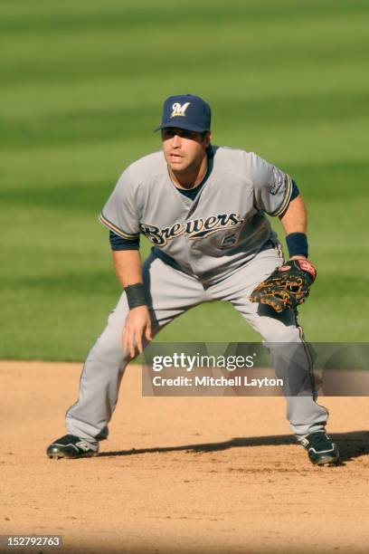 Taylor Green of the Milwaukee Brewers in position during a baseball game against the Washington Nationals on September 23, 2012 at Nationals Park in...