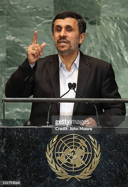 Mahmoud Ahmadinejad, President of the Islamic Republic of Iran, addresses the UN General Assembly on September 26, 2012 in New York City. The 67th...