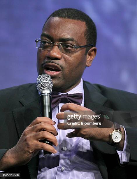 Akinwumi Adesina, minister of agriculture of the Federal Republic of Nigeria, speaks during the annual meeting of the Clinton Global Initiative in...