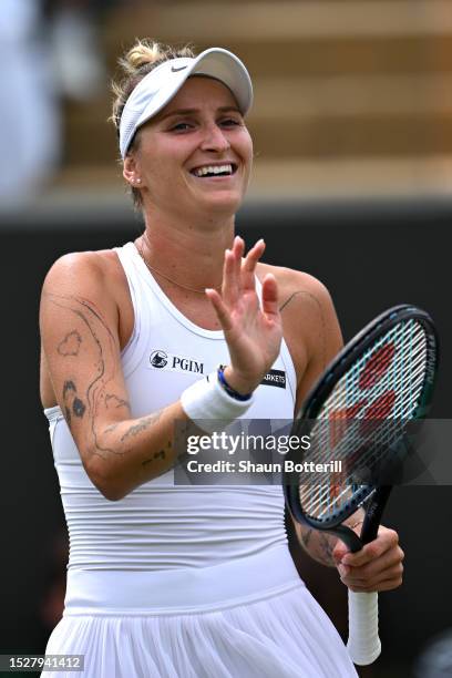 Marketa Vondrousova of Czech Republic celebrates winning match point against Marie Bouzkova of Czech Republic in the Women's Singles fourth round...