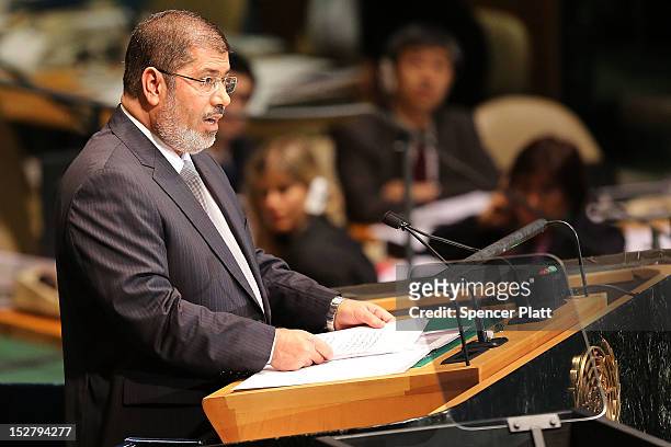 Egyptian President Mohammed Morsi addresses world leaders at the United Nations General Assembly on September 26, 2012 in New York City. Over 120...