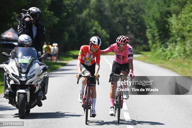 Mattias Skjelmose Jensen of Denmark and Team Lidl-Trek and Alberto Bettiol of Italy and Team EF Education-EasyPost compete in the chase group during...