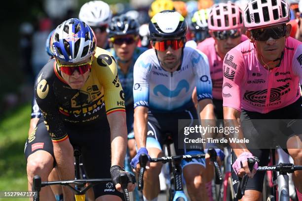 Wout Van Aert of Belgium and Team Jumbo-Visma and Andrey Amador of Costa Rica and Team EF Education-EasyPost compete during the stage nine of the...