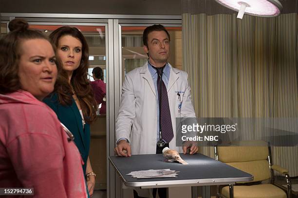 Clean-Smelling Pirate" Episode 103 -- Pictured: Betsy Sodaro as Angela, JoAnna Garcia Swisher as Dorothy Crane, Justin Kirk as Dr. George Coleman --