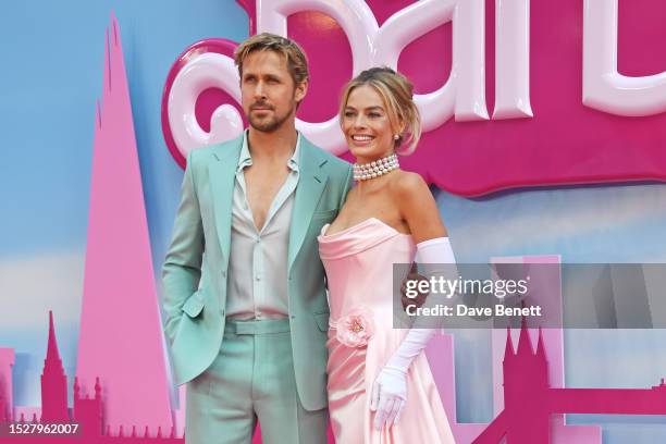 Ryan Gosling and Margot Robbie attend the European Premiere of "Barbie" at Cineworld Leicester Square on July 12, 2023 in London, England.
