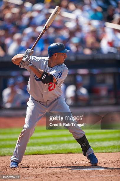 Juan Rivera of the Los Angeles Dodgers bats during the game against the New York Mets at Citi Field on July 22, 2012 in the Queens borough of New...