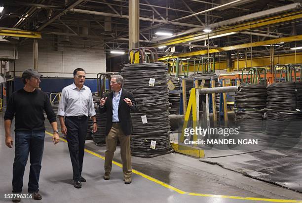 Republican presidential candidate Mitt Romney tours American Spring Wire with American Spring Wire President & CEO Timothy Selhorst and Mike Rowe TV...