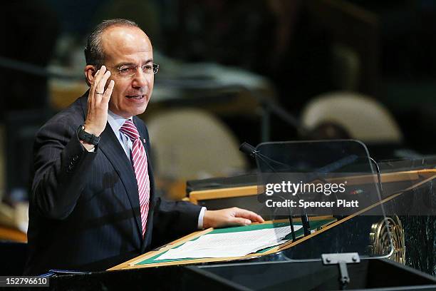 Mexican President Felipe Calderon, addresses world leaders at the United Nations General Assembly on September 26, 2012 in New York City. Over 120...