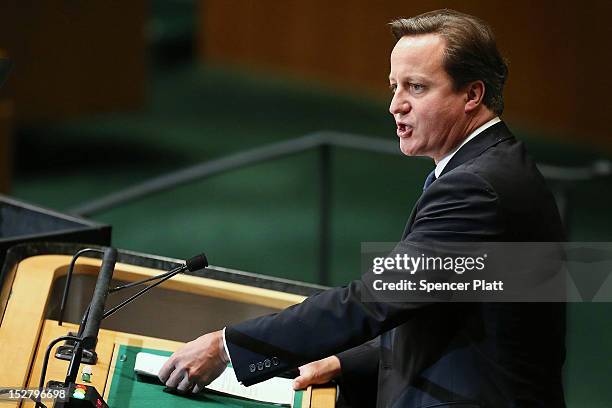 British Prime Minister David Cameron addresses world leaders at the United Nations General Assembly on September 26, 2012 in New York City. Over 120...